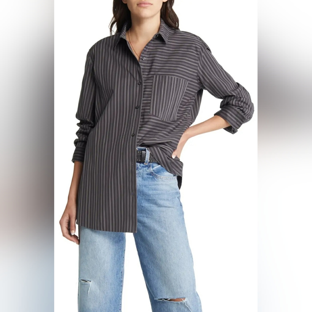 NWT Treasure & Bond Oversized Gray Stripe Button Up Size S